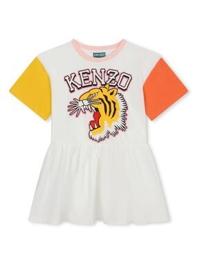 KENZO White Tee Dress with Yellow & Orange Sleeves and Tiger Graphic